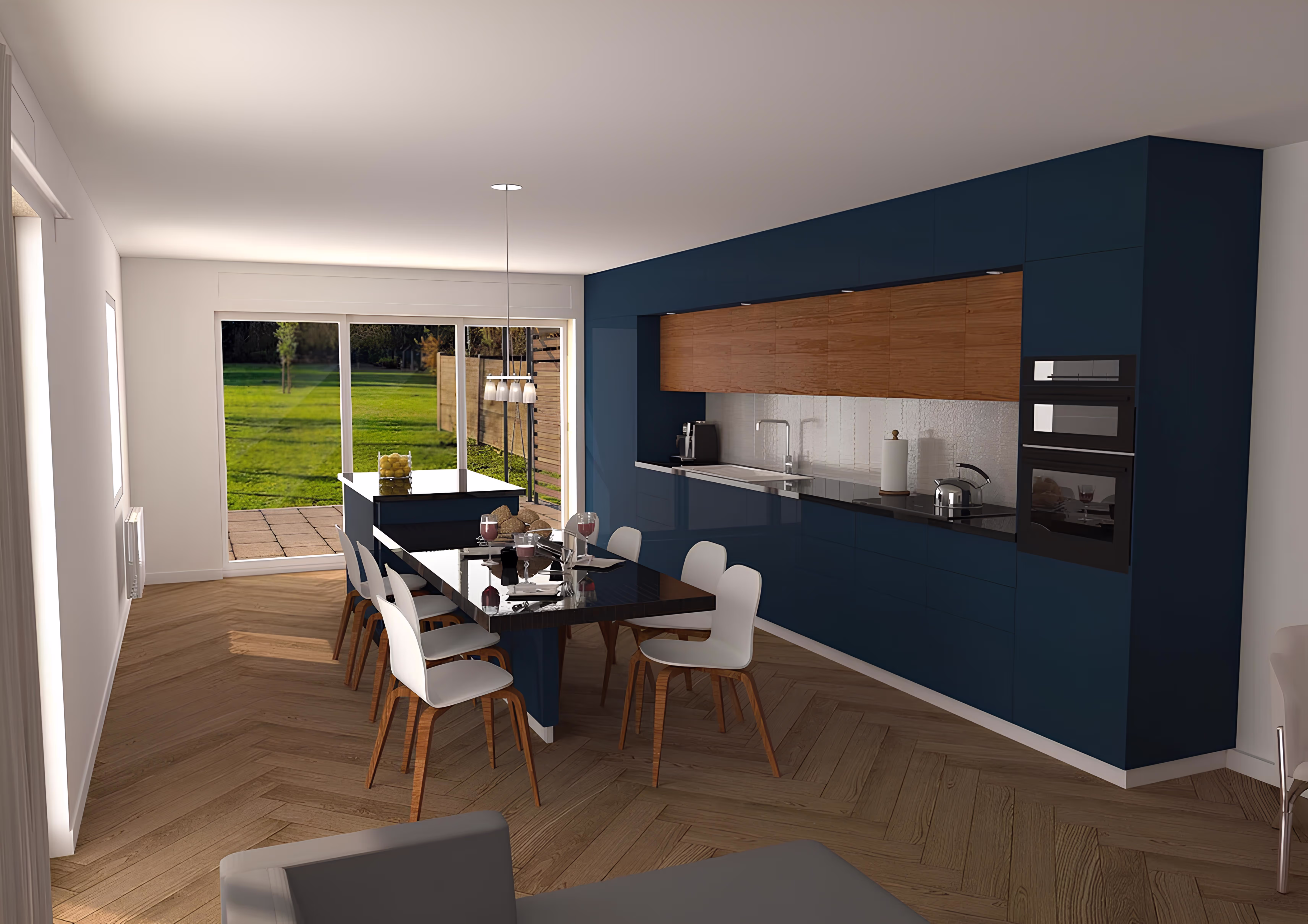 Vue intérieure de la cuisine moderne ouverte sur le jardin, projet Villa Les Roches par SINA Architecture.